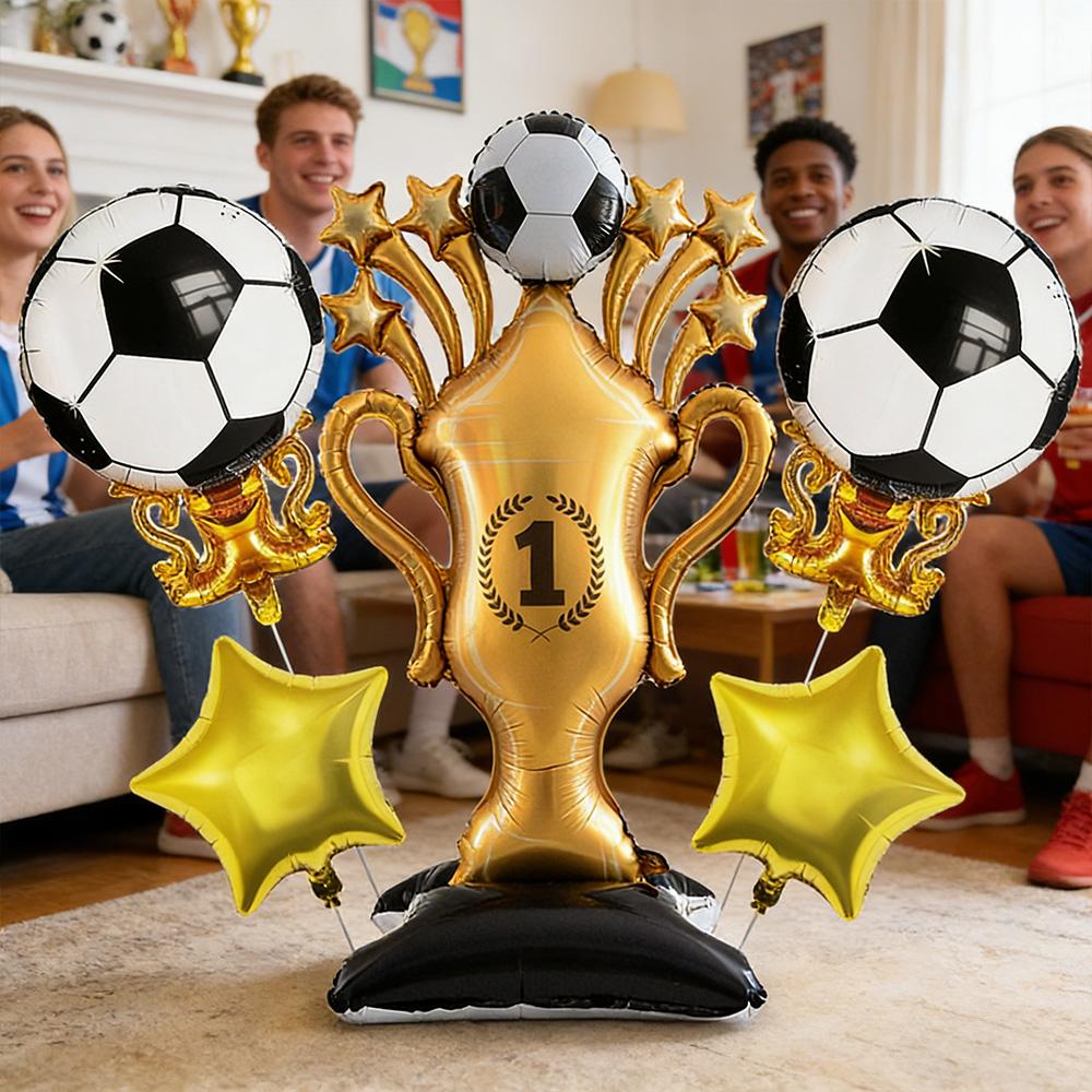 5Pcs Soccer Theme Foil Balloon Set, Jumbo Standing Champion Trophy & 2Pcs Football Trophy Mylar Balloons, Golden Star Balloons,