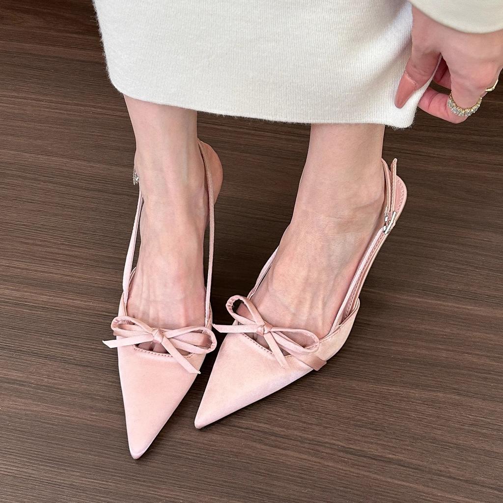 Cold and gentle! 2025 spring and summer new silver pointed bow sandals women's summer one-word stiletto high heels