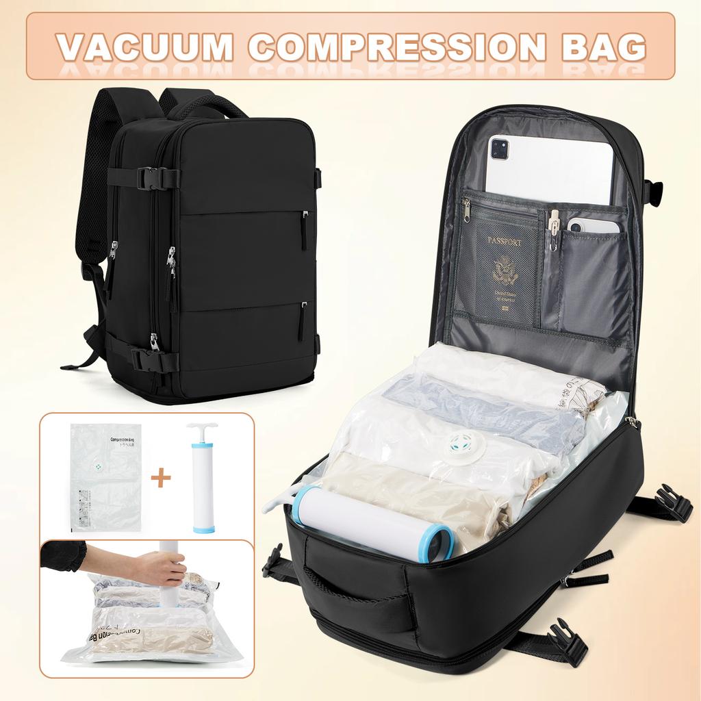 Ryanair 40x25x20 Reise-Rucksack Großes Fassungsvermögen Faltbare Wandertasche mit Vakuumbeuteln Manuelle Kompressionspumpe, Aufbewahrungsrucksack