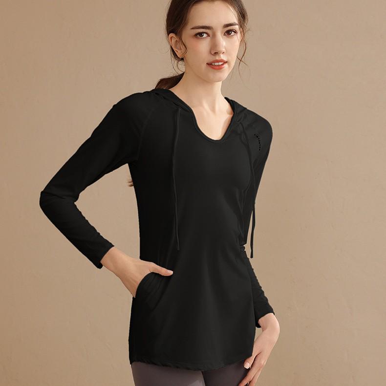 Damska luźna bluza fitness z kapturem i długim rękawem - Casualowy top do jogi o średniej długości, wygodny na jesień