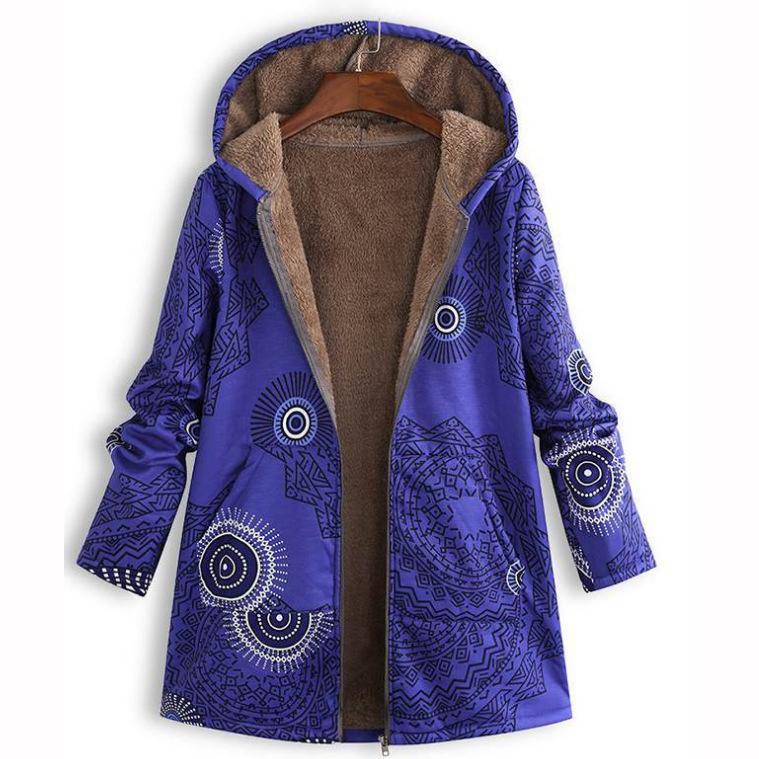 Printed Hooded Long Sleeve Coat Oversized Vintage Women Autumn Winter Warm Plush Jacket Casual