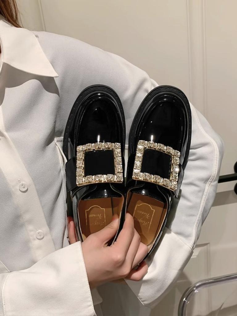 Square Buckle Platform Loafers Women's 2025 New Autumn Leather Thick High Heel Black High-end British Style Small Leather Shoes
