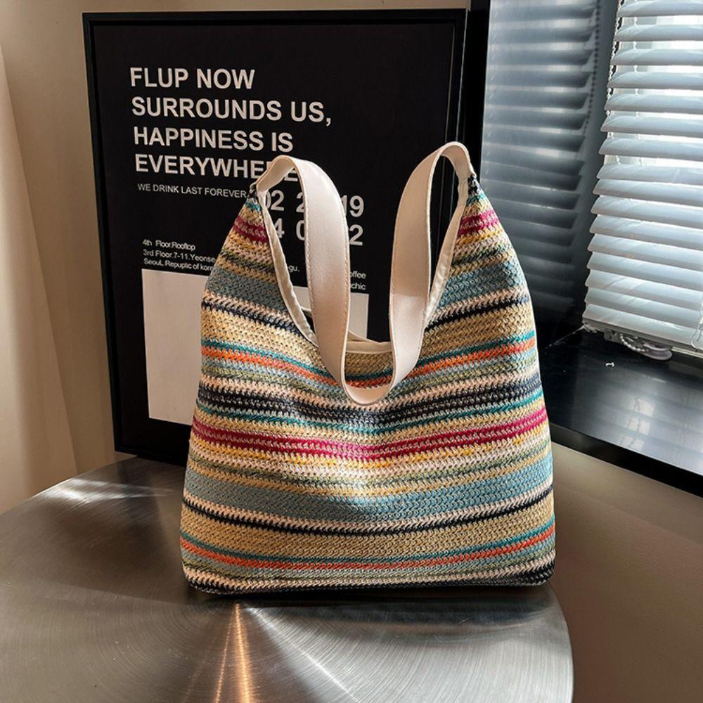 Large Capacity Weave Straw Bag Bohemian Style Hollow Tote Bag Fashion Rainbow Beach Bag Spring