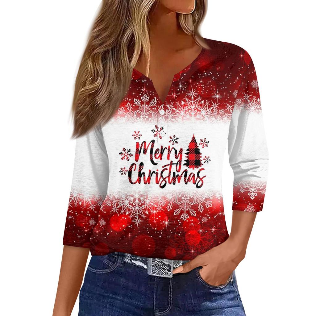 Women's T Shirt Tee Print Button 3/4 Sleeve Daily Weekend Fashion Basic V- Neck Regular Top