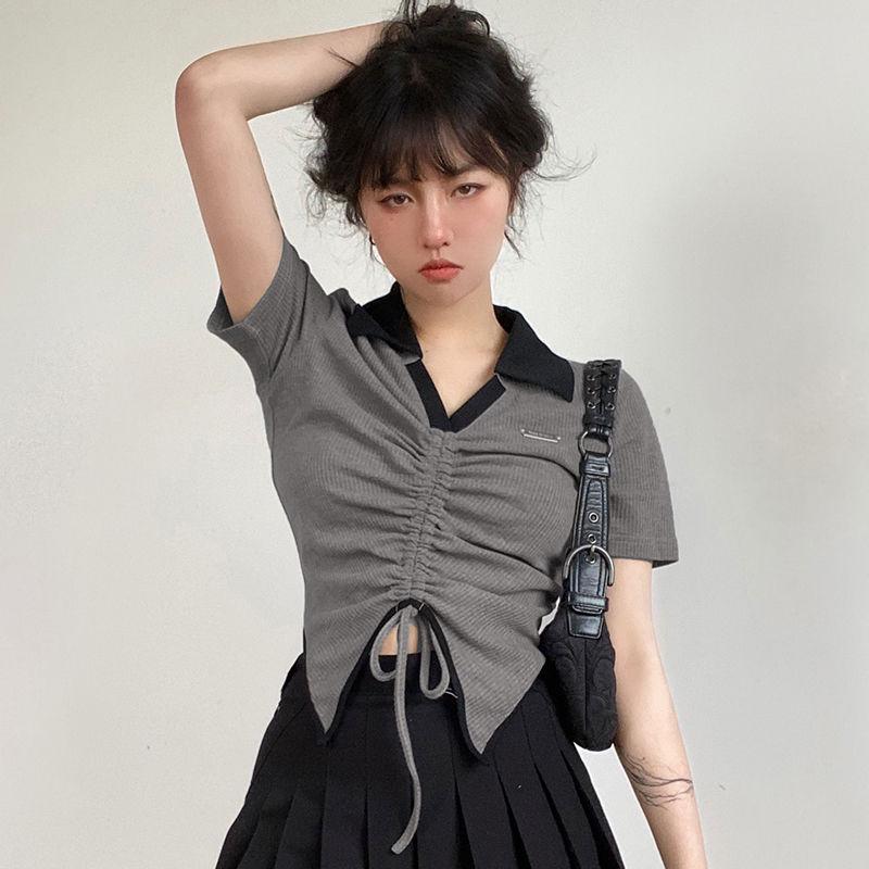 Short Slim Top for Women Vintage V-neck Drawstring Pleated Short Sleeve Top Summer Sexy Irregular T-shirt Gothic Korean Crop Top