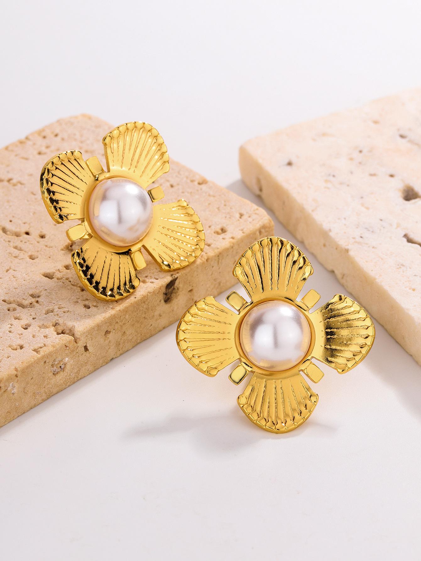 European and American stainless steel flower bow texture stud earrings light luxury high-end wind personality titanium steel earrings