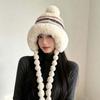 Fur Brim Pompom Braids Hat Striped Knit Earflap Winter Cap Fleece Knit Beanie  Teens