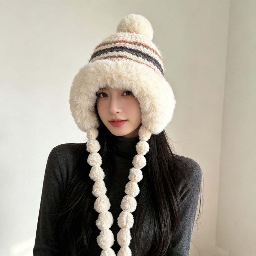 Fur Brim Pompom Braids Hat Striped Knit Earflap Winter Cap Fleece Knit Beanie Teens