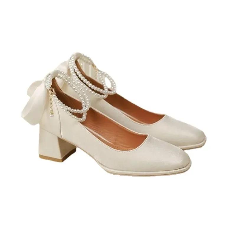 2025 New Red Bow Pearl Mary Jane Platform Lolita Heels for Women Chunky Wedding Shoes Waterproof Mid Heel Single Shoes