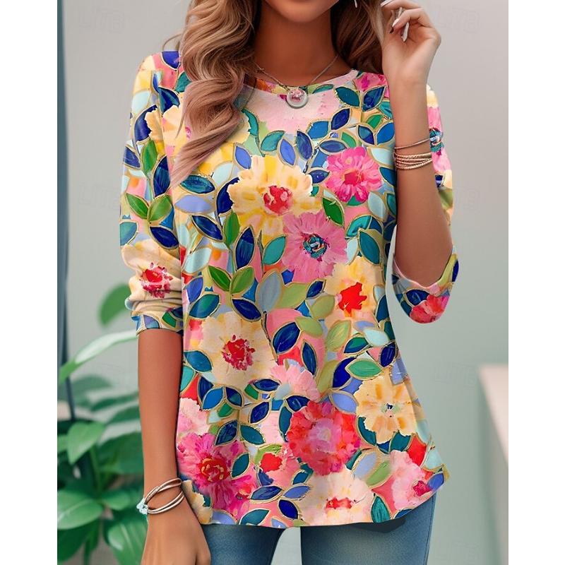 Women's T Shirt Casual Print Long Sleeve Regular Tops Crew Neck Daily White Blue Purple Khaki Spring Fall