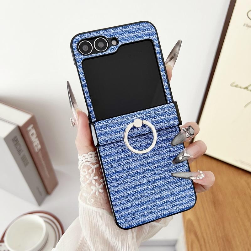 Skórzane etui składane Slim 3-częściowe w jednolitym kolorze w paski dla Samsunga Galaxy Z Flip6 Flip5 Flip4 Flip3 z uchwytem na pierścień, twarde PC, odporne na wstrząsy, matowe etui na telefon