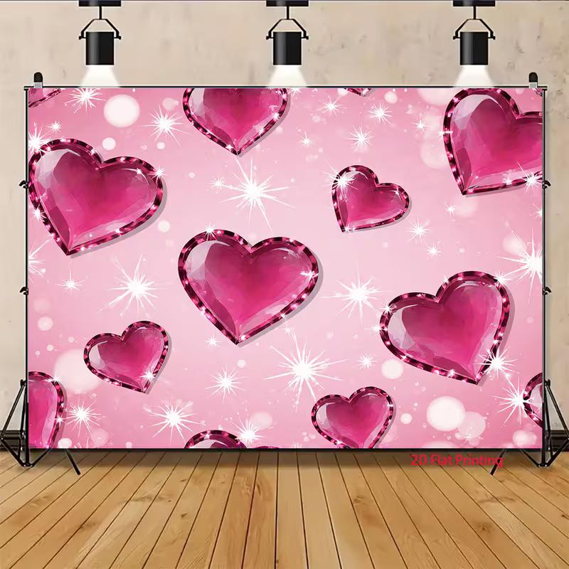 2D Romantic Valentine Backdrop Glitter Diamond Hearts with Bokeh Lights Party Photo Background