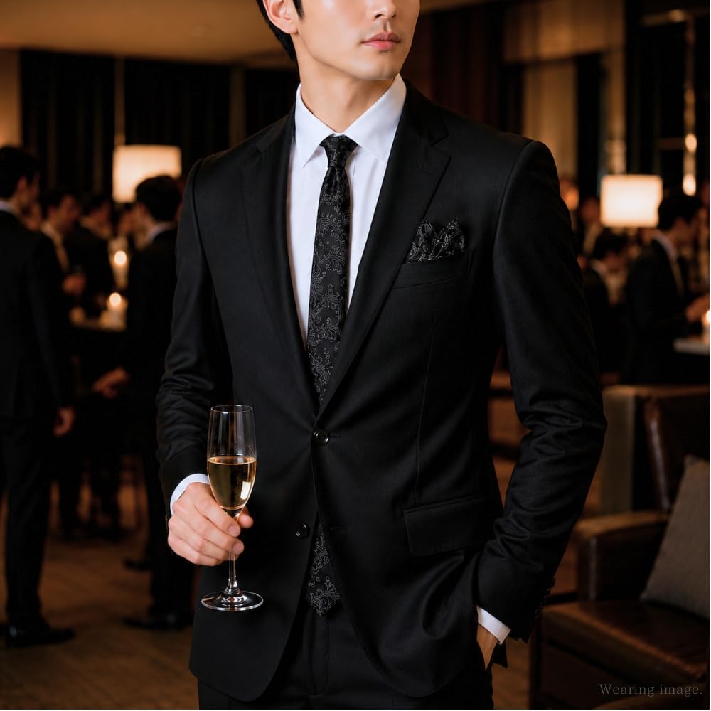 [D+Arts] Silk Narrow Tie, Paisley Pattern, 5cm, Kyoto Nishijin Weave, Made in Japan (Black, Narrow Tie)