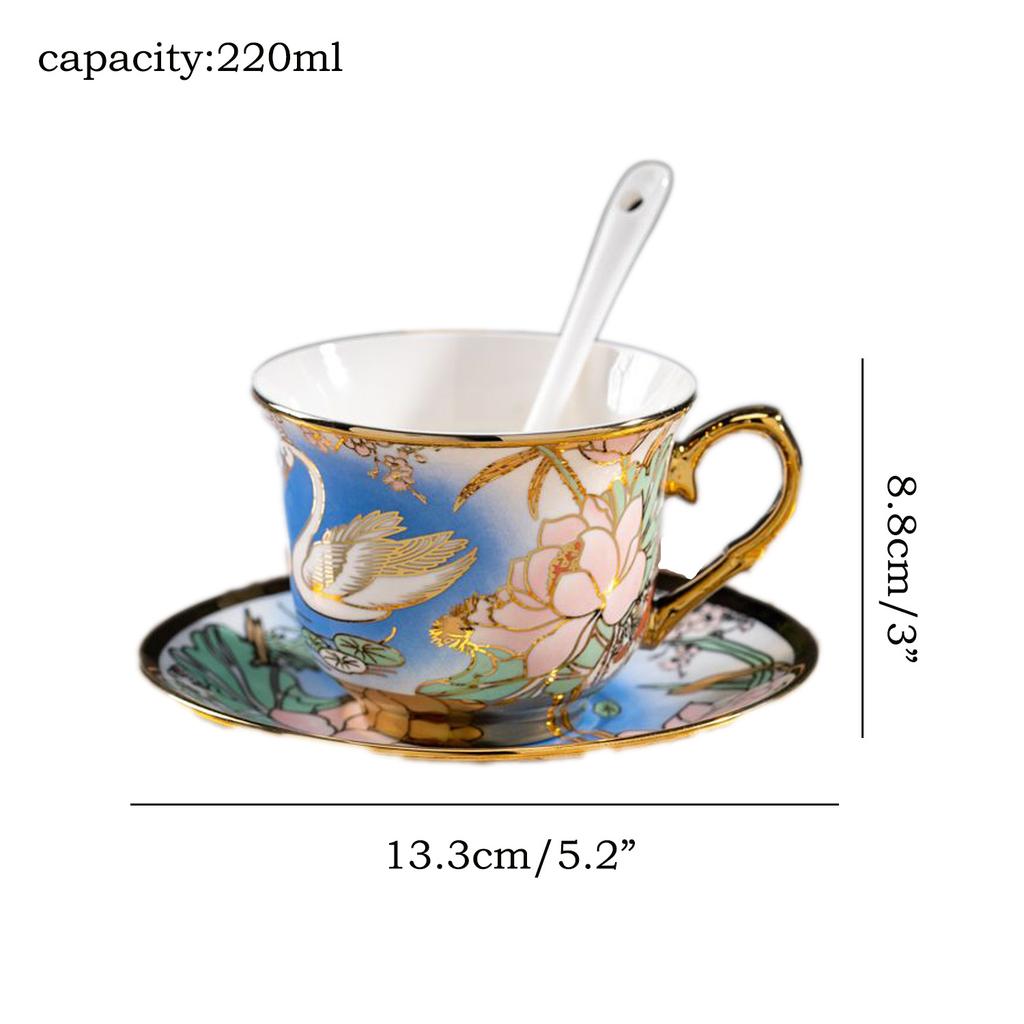 Luxurious 220ml Gold-Plated Porcelain Coffee Cup & Saucer Set with Spoon – Elegant Floral Design