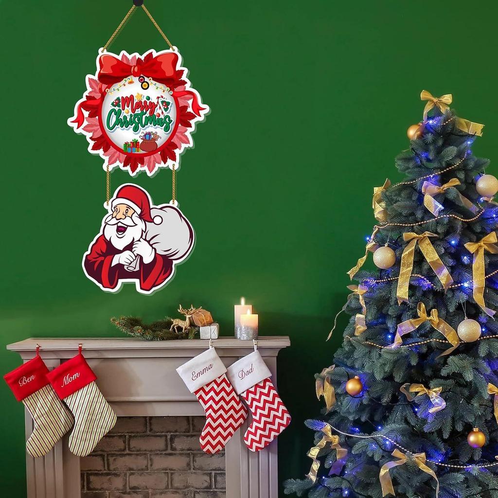 Decorative Christmas Wall Hanging Wooden Art Decoration Item for Home | Office | Living Room | Bedroom (Circle Santa)