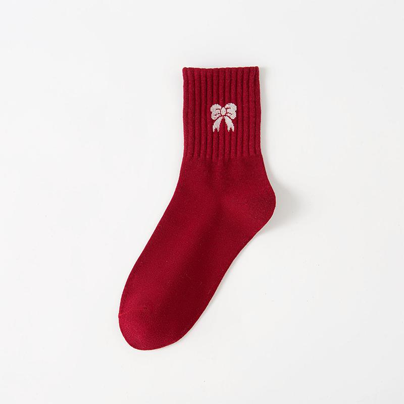 ALLTOOALL Chaussettes Mi-Mollet à Nœud pour Femmes Printemps Automne Rayées Rouges Coton Mode Féminine Décontracté Respirantes Chaussettes Nouvel An