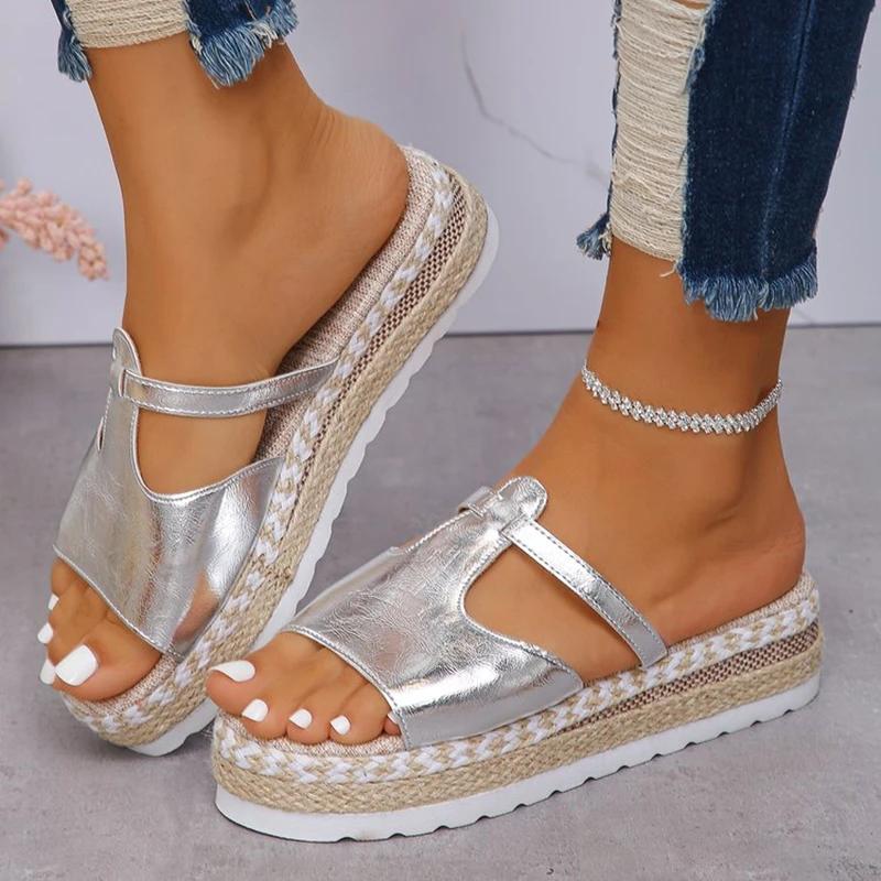Fashionable Wedge Fish Mouth Women's Sandals Casual Large Size Hemp Rope Bottom Platform Thick Soled Women's Sandals