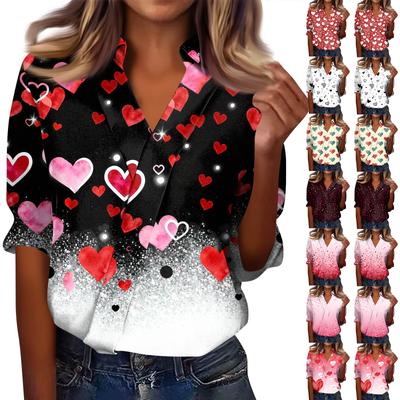 Women's 3/4-Sleeve V-Neck Shirt Printed Workwear Casual Regular Shirt Collar Top