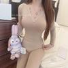 Women's V-Neck Long Sleeve Thermal Set: Warm Ginger Camellia Oil Cashmere Silk Base Layer with Slim Fit Trousers for Autumn.