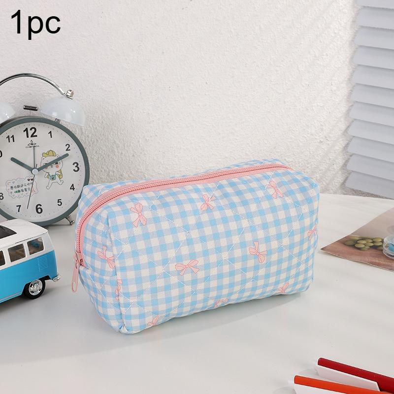 1pc Checkered Pencil Case Pink Bow Pattern Portable Stationery Organizer School Office Desk Essentials Travel Accessories