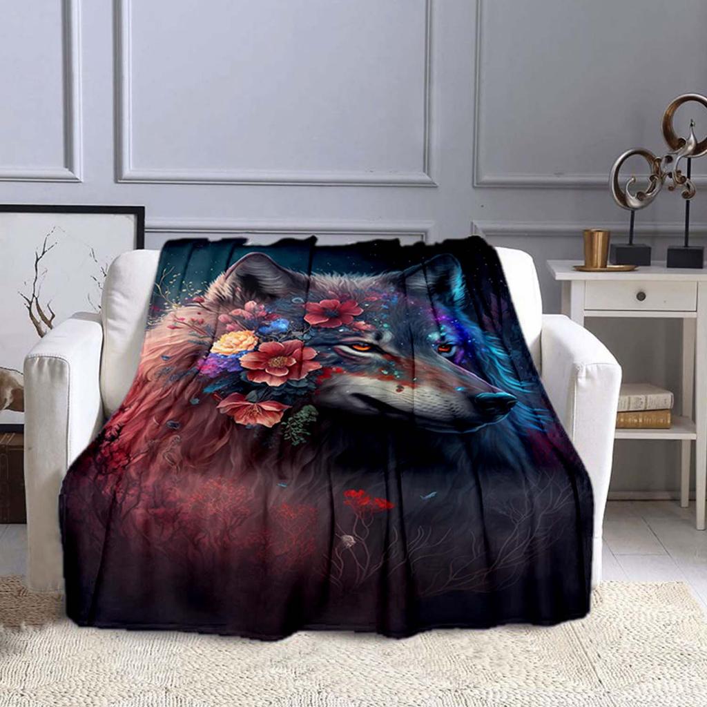 1pc Cozy Wolf Print Blanket Flannel Blanket For Sofa, Bed, Travel, Camping, Living Room, Office, Couch, Chair