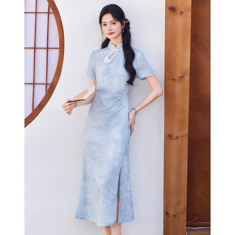 Elegant New Chinese Style Jacquard Short Sleeve Midi Dress