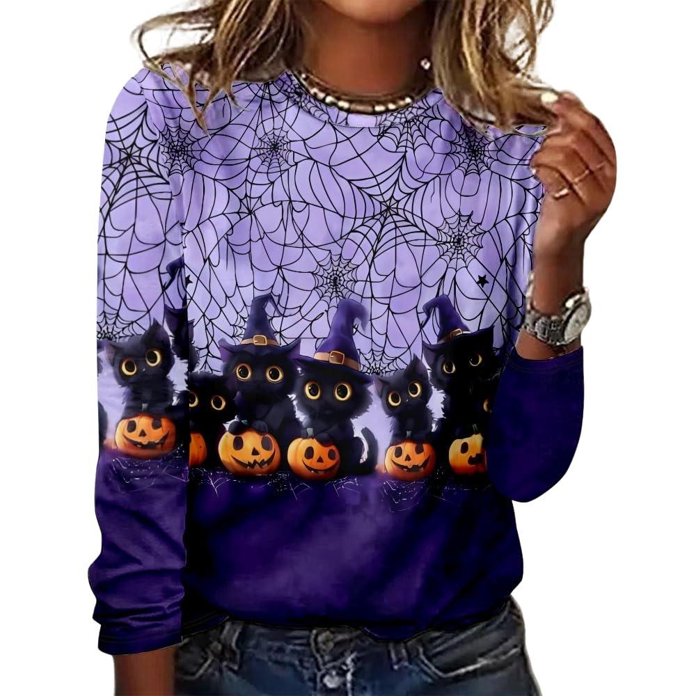 Women's Halloween 3D Printed Pumpkin Face Bat Long Sleeve Shirt Autumn Loose Casual Polyester Round Neck Fashion Casual Top
