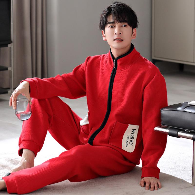 Air Cotton Pajamas Men'S Autumn And Winter Thickened Cotton Long-Sleeved Interlayer Men'S Winter Thin Padded Loungewear Set