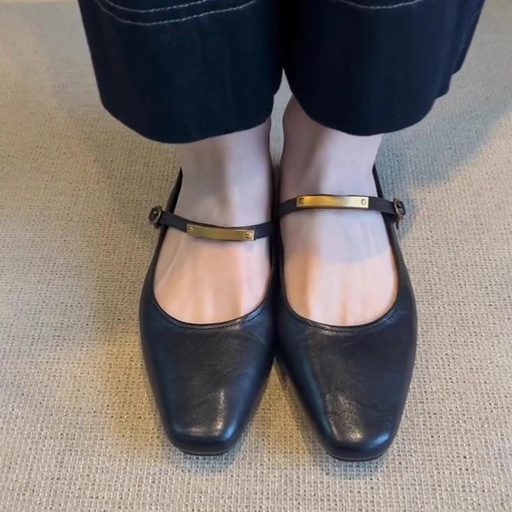 Soft Leather Version~ Shallow Mouth One-word Buckle Black Mary Jane Shoes Women's Retro Flat-bottomed Comfortable Versatile Square Head Smal