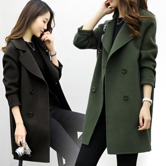 Women Autumn Winter Solid Color Lapel Double-breasted Midi Coat Woolen Outwear