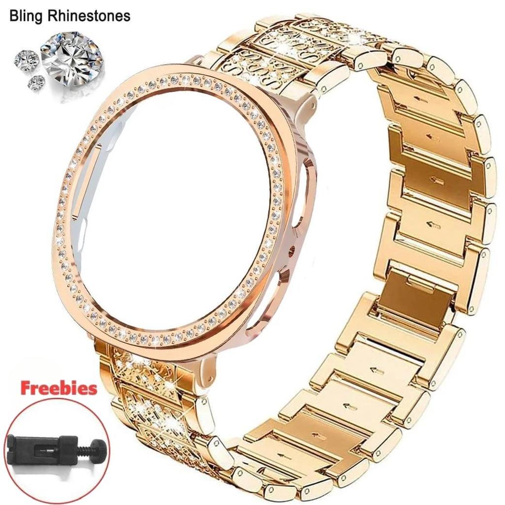 Bracelet de Montre en Métal Bling Diamant Strass + Étui de Protection en PC Pour Samsung Galaxy Watch 8 44mm 40mm Montre Business Bracelet Galaxy Watch 8