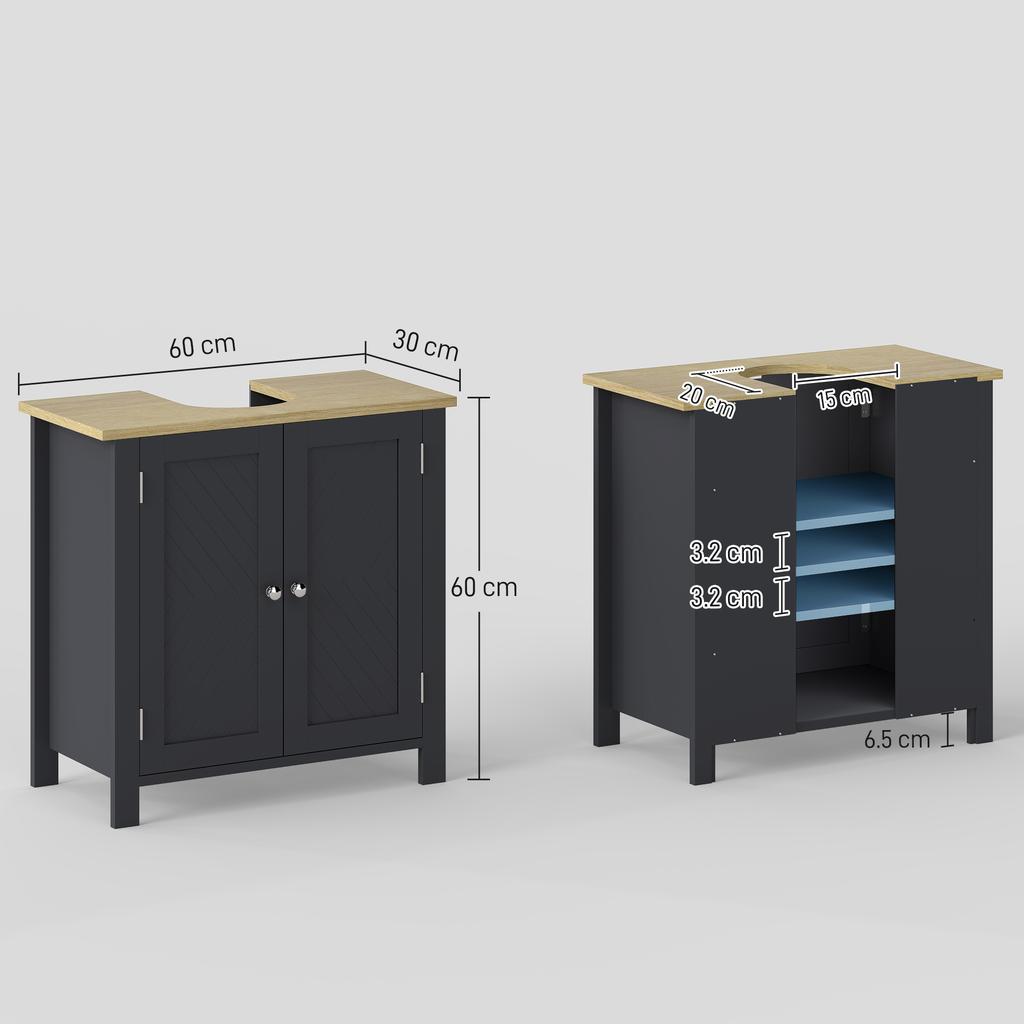 Under-Sink Cabinet In Chipboard and MDF with 2 Doors and Adjustable Internal Shelf, 60x30x60 Cm, Grey