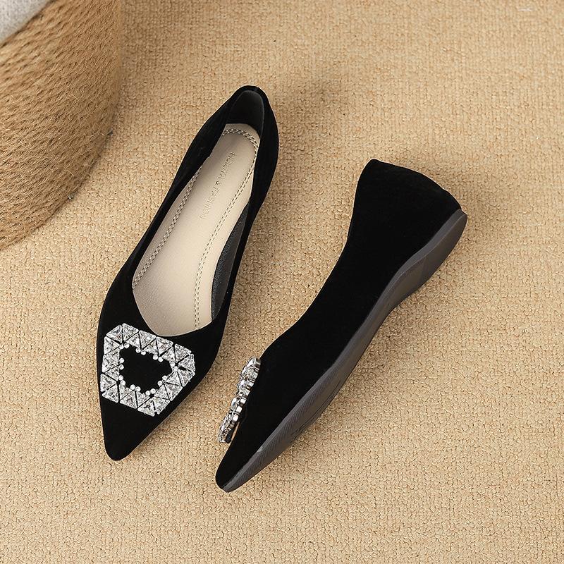 W1022-98 French temperament rhinestone black pointed flat shoes women's 2025 new shallow mouth work professional single shoes