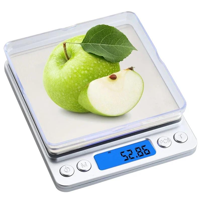 Pocket Digital Scale Electronic Weight Scales 3kg 0.1g / 500g 0.01g Jewelry Scale Food Kitchen Balance Silver With 2 Tray