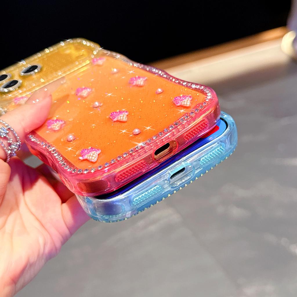 Glitter Cherry Gradient Colorful Flash Lens Film Protect Case for 17 Air 16 15 14 Plus 13 Pro Max Wavy Curly Edge Diamond Cover