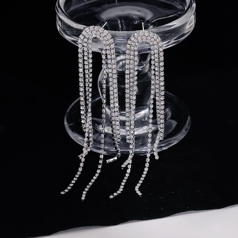 2 Curved Women's Pendant Earrings, Elegant Rhinestone Tassel Long Earrings, Gorgeous Jewelry, Date Gift-4019