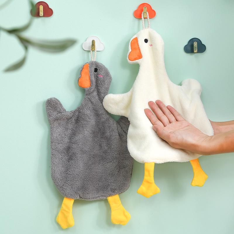 Big Goose Cute Coral Fleece Hanging Hand Towel for Kitchen & Bathroom