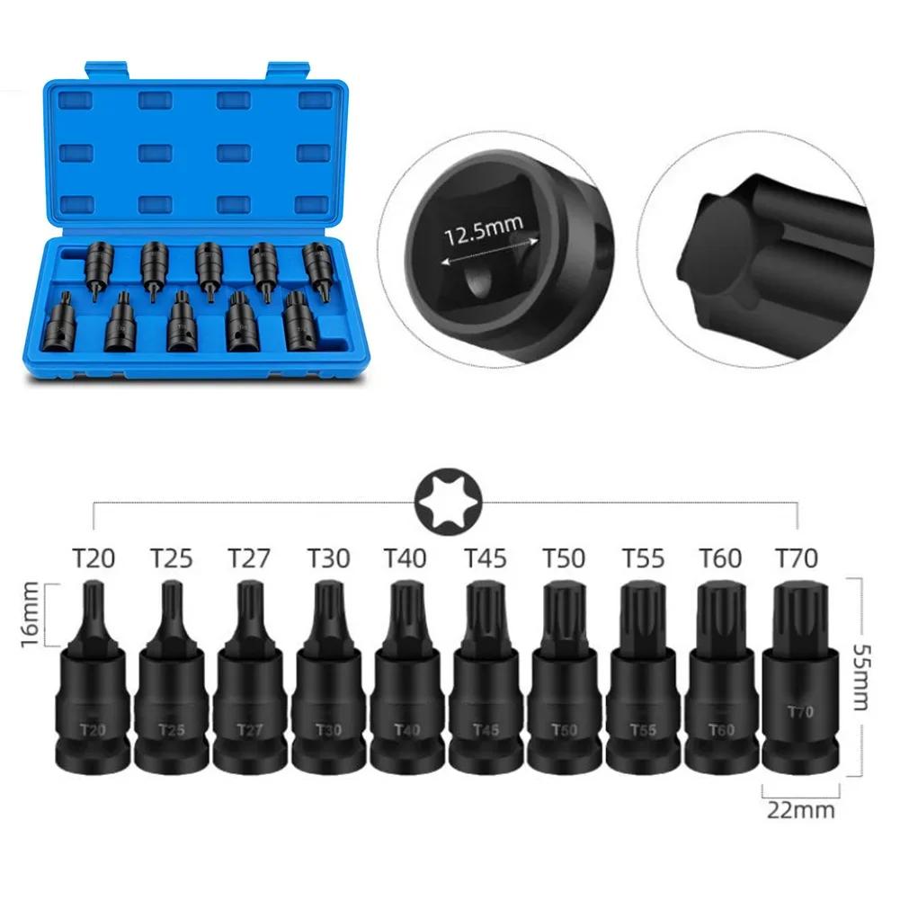 10pcs 1/2 Inch Hexagon Socket Adapter Head Screwdriver Bit Drive For T20-T70 Square Head Wrench Power Tool Accessories