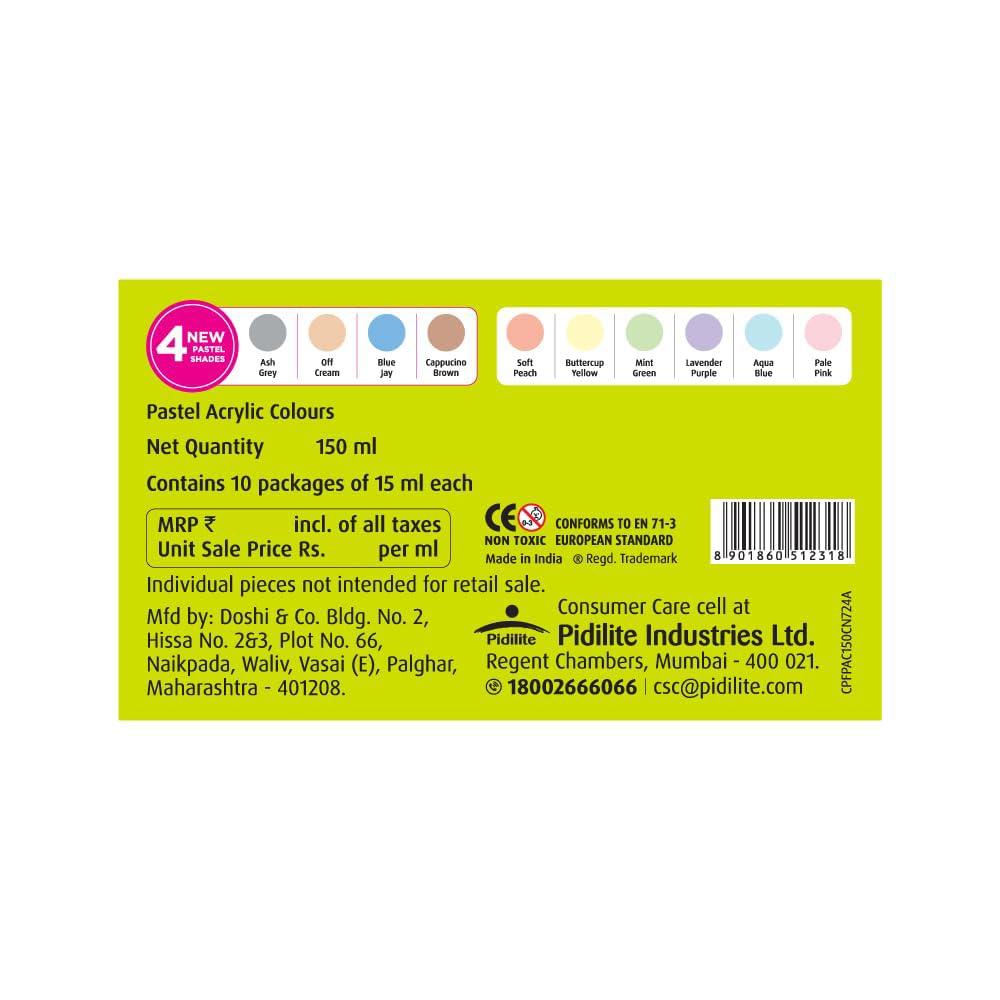 Fevicryl Acrylic Colours Pastel Paint Kit 10 X 15 Ml Tubes for Canvas Wood Leather Multi Surface DIY Art Supplies