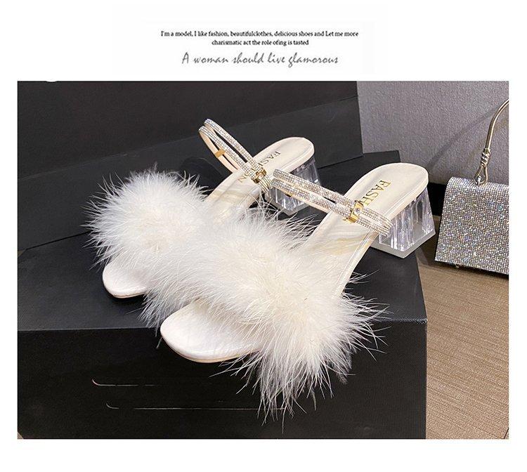 Summer New Sexy Feather-Decorated Pointed-Toe High-Heeled Women's Shoes, Simple Slippers, Fashionable Banquet Open-Toe Mules
