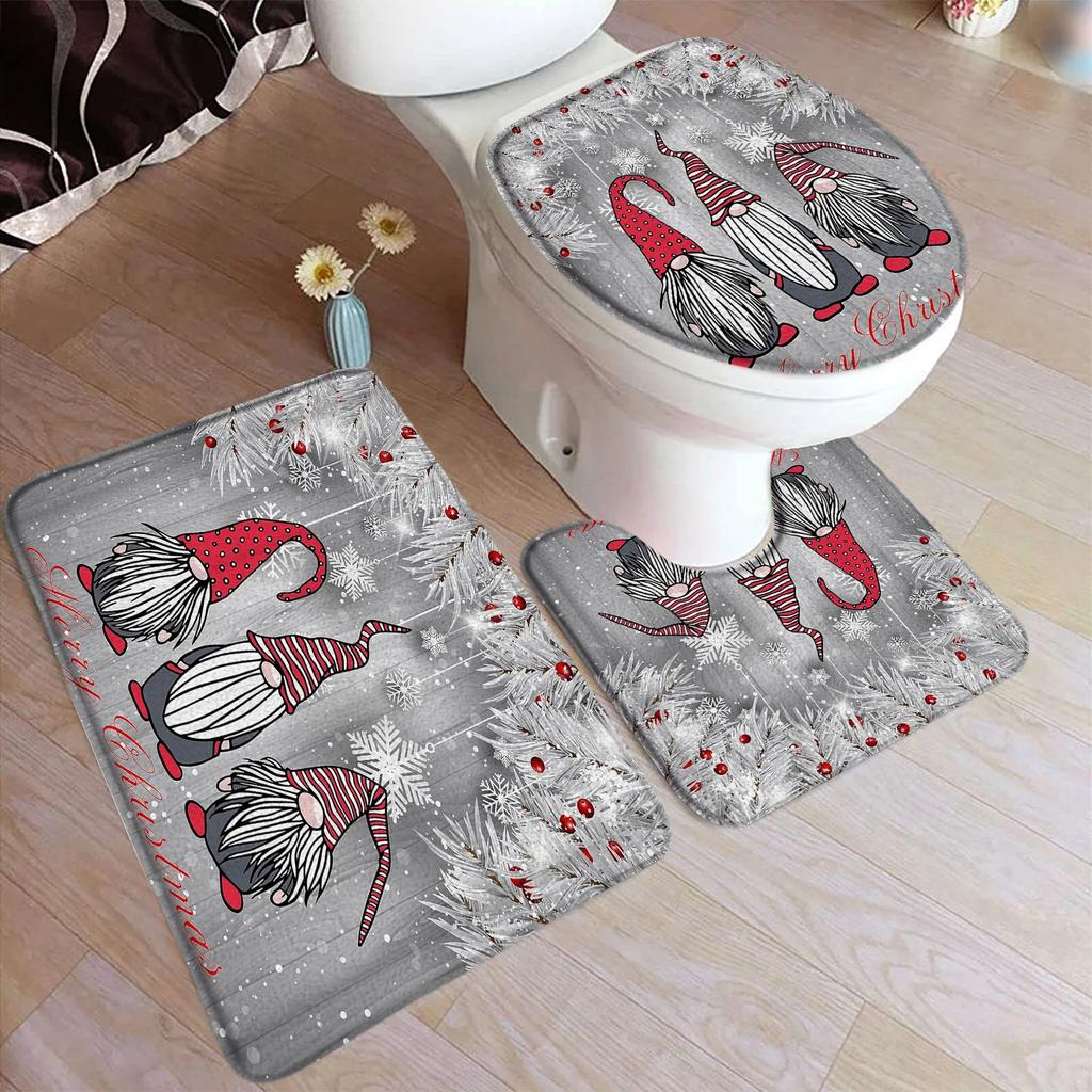 Red Christmas Shower Curtain Set Funny Santa Claus Gift Green Pine Branches Xmas Balls Home Bathroom Decor Bath Mat Toilet Cover