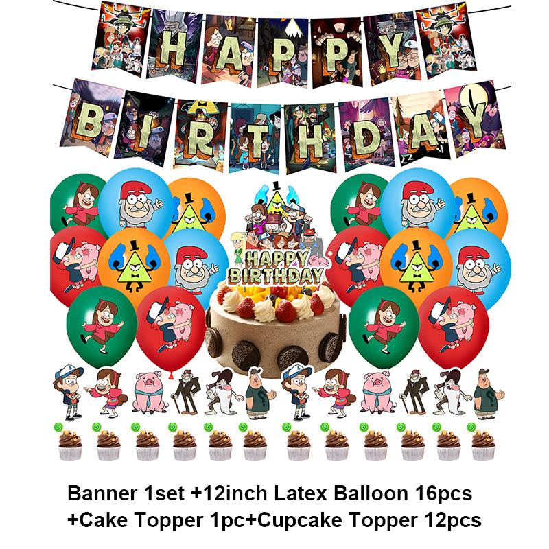 G&Gravity F-Falls Theme Birthday Party Decoration Cartoon Backdrop Banner Cake Topper Number Balloon Baby Shower Party Supplies