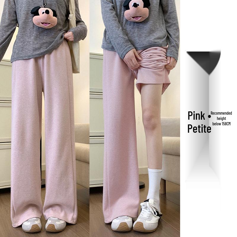 Women's Pink High-Waisted Wide-Leg Pants - Drapey, Petite, Casual for Spring, Autumn, Winter 2026
