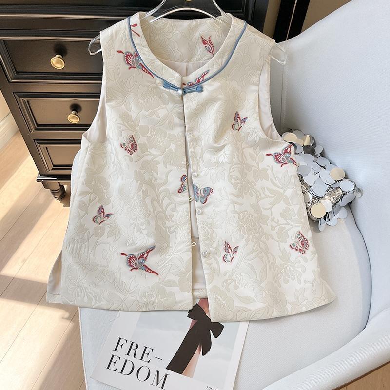 

6433 Весенне-летняя свежая маленькая майка-жилет с круглым вырезом и жаккардовой отделкой на дисковой застежке для женщин 3XL ([Recommended 138-75kg])