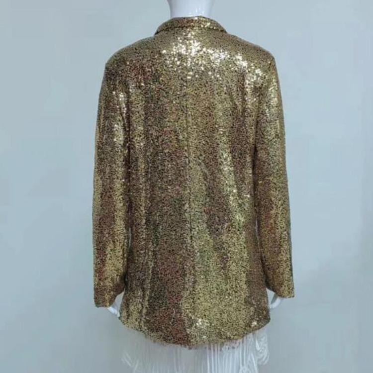 Shiny Sequins Women Casual Loose Fit Long Sleeve Cardigan Lapel Open Front Solid Color Suit Coat Clubwear Jacket