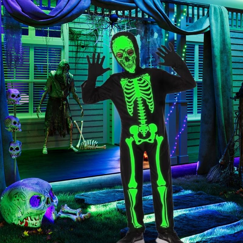 Bright Skeleton Costume For Children Halloween Party Full Body Jumpsuit Easy Zipper Closure Comfortable Wear