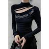 Spring and Autumn Design Black Letter Printed Long-sleeved T-shirt Tops Slim Fit Hollow Half Turtleneck Bottoming Shirt for Women