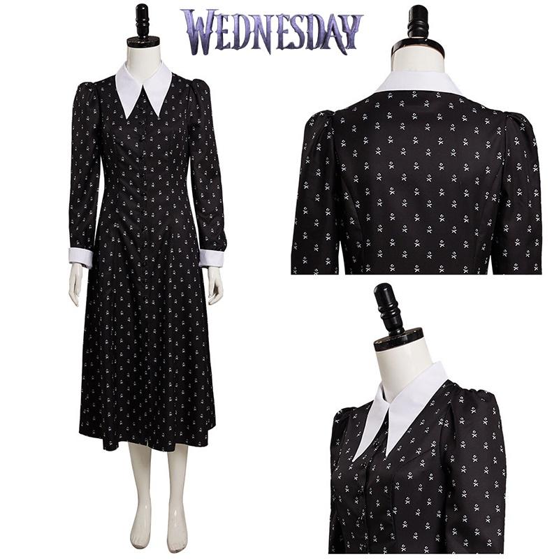 Die Addams Family Wednesday Cosplay Kostüm Schwarzes Kleid Halloween Party