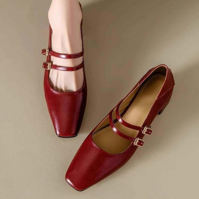 Fashion French Style Leather Mary Jane Shoes Women Sexy Low Square Heel Flats Fashion Double Buckle Strap Design Casual Shoes for Women