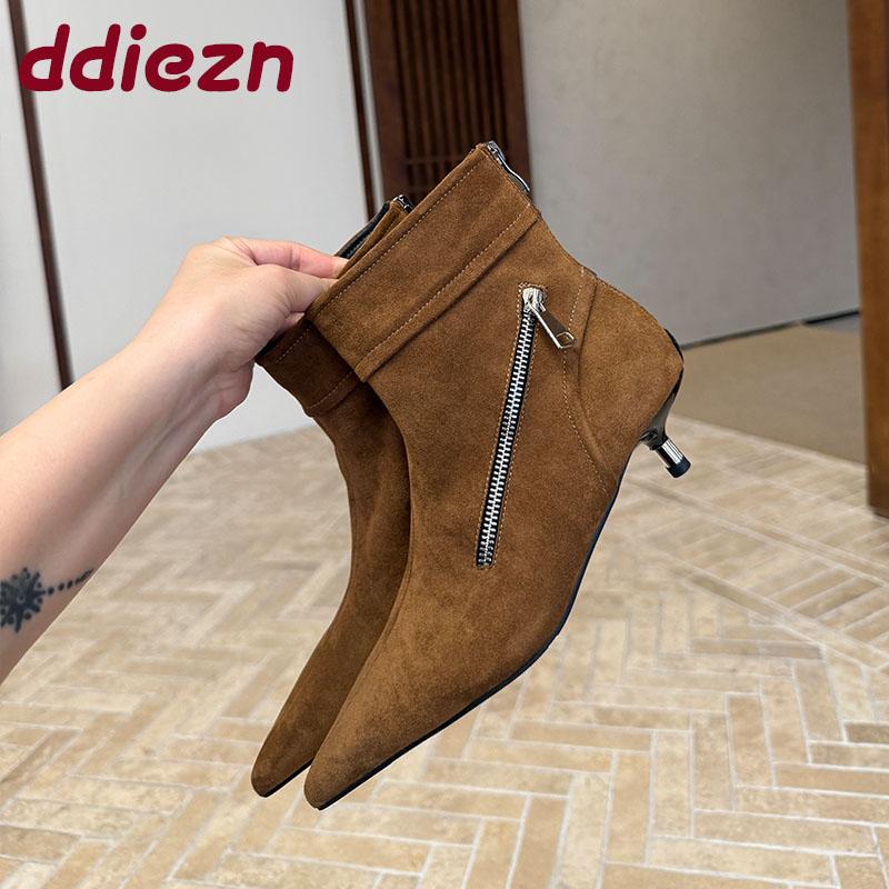 Fashion Zippers Fashion Flock Women Ankle Boots With Low Heel Female Shoes Pointed Toe Sexy Modern Ladies Short Boots Shoes Pumps Lady